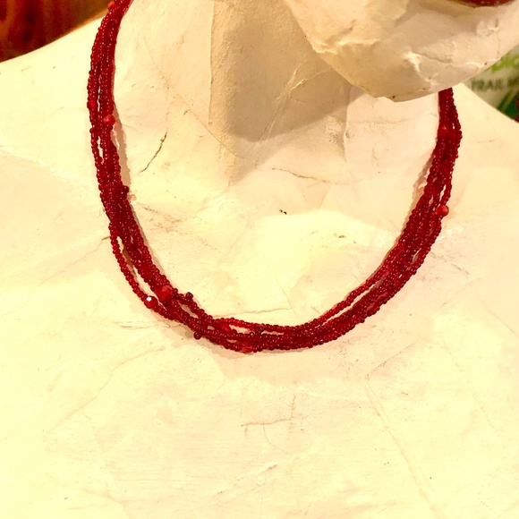 3/$32 VTG 80s Boho Cherry Red 4 Strand Glass Seed Beaded Necklace/Silver Clasp - Picture 2 of 9